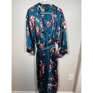 Thalia Sodi Teal Floral Satin Robe & Slip Dress L/XL Lounge Sleepwear